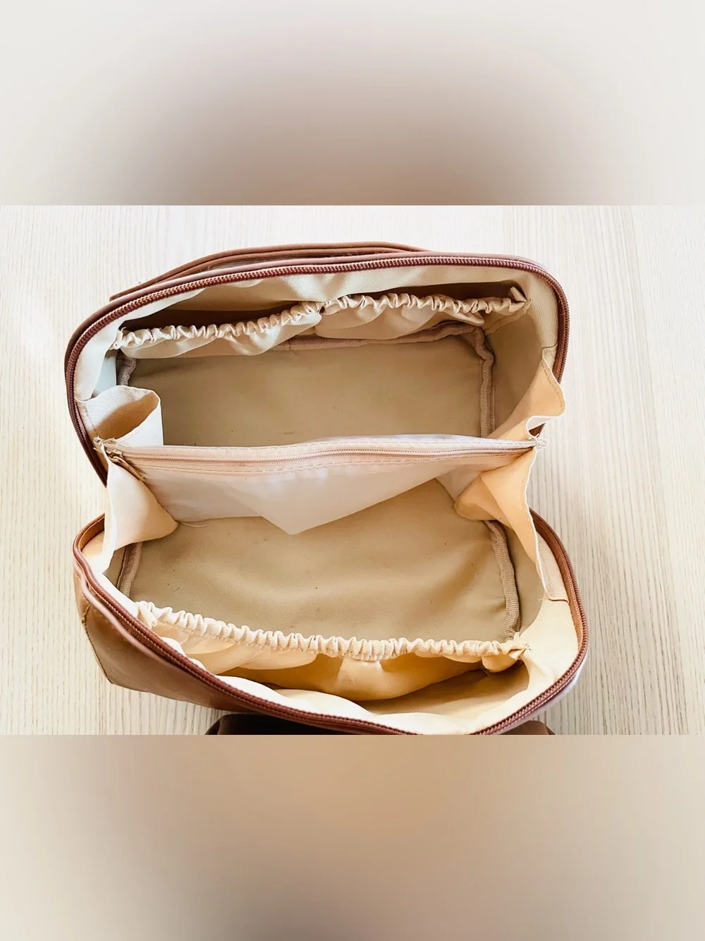 Tan faux leather matching cosmetic bag/ case set, gold “C” emblem, excellent